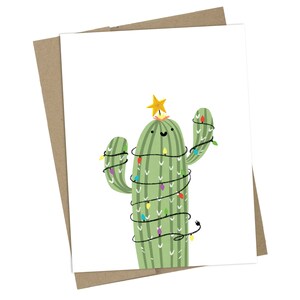 Cactus emballé dans des lumières de Noël, carte de vœux, cactus mignon, amateur de plantes, Arizona, vie dans le désert, carte de Noël