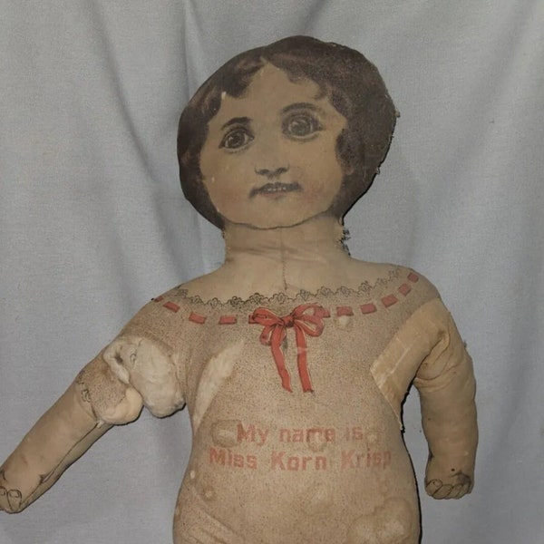 MISS KORN KRISP Lithographed Cloth Rag Doll 24" Antique c1900 for repair