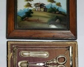 Antique Necessaire SEWING ETUI BOX w Reverse Painted Lid, Sterling Silver, Pearl Tools
