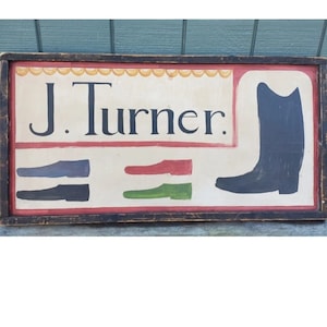 Framed Tin STORE TRADE SIGN J Turner Boot Shoe Maker 18X36 Antique Replica Hand Painted
