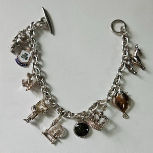 Vintage Sterling Silver Toggle CHARM BRACELET w/ 9 CHARMS - 7-1/2&quot; long