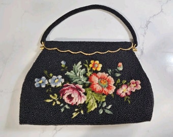 Vintage Floral PETIT POINT & BLACK Glass Micro Bead Purse