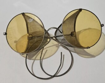 Vintage Industrial YELLOW LENS Safety Glasses Goggles w/ Metal Mesh Sides