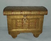 Antique Embossed Brass Wood DOWRY Chest Box on Wheels - Purple Lining