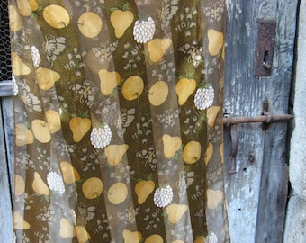 Vintage GOLDEN GARDEN SCARF of butterflies, apples and pears. Chic, elegant, floaty long neckerchief or handbag tie in earth tones.