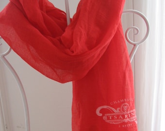 Vintage FRENCH CHAMPAGNE SCARF in Parisian lipstick red, from Tsarine, Reims, France. Large sarong, perfect evening wear and holidays.