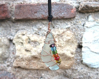 Vintage RAINBOW PRIDE NECKLACE, unique boho artisan pendant of seaglass and beads.