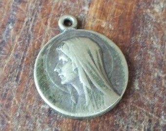 Antique SOOTHING PRAYER PENDANT of Virgin Mary and Saint Bernadette Soubirous, double sided. 1910 Religious saint's medal keepsake.