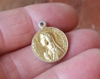 1960s MIRACULOUS MADONNA CHARM,  Our Lady of Lourdes and St Bernadette on the reverse.  Vintage French catholic two sided tiny gold pendant.