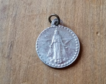 Vintage NOTRE DAME de HAM Sacred Heart Jesus prayer pendant, double sided. 1930s French small Christian religious medal.