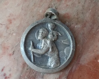 1920s SAINT CHRISTOPHER CHARM and St Bernadette with Our Lady at Lourdes. French vintage reversible religious pendant.