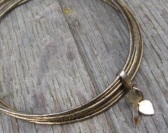 Vintage LOVE BANGLE BRACELET with heart and key. Unique boho style jewellery gift.