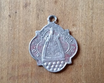 Vintage VIRGIN MARY MIRACLE prayer pendant. 1930s Notre Dame de Hal French Basilica religious charm.