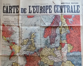 Vintage 1939 WW2 MAP of EUROPE with French song lyrics on the reverse and Paris advertisements in Newspaper poster style.