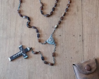 Antique FRENCH ROSARY of Cats Eye quartz Stone beads from Lourdes, with cross and heart, and original tiny leather pouch.