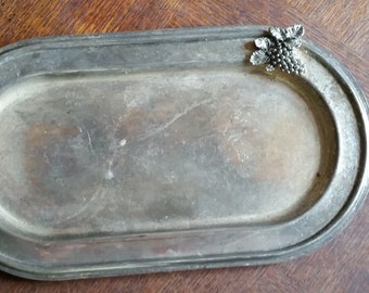 Vintage FRENCH WINE TRAY with bunch of grapes and leaves decoration, by Silea. Silver plate, oval, holds two bottles or use for appetisers.