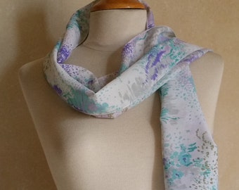 Vintage PRETTY PASTEL FLOWERS Scarf of abstract garden design. Cottage core, feminine style in teal, lavender, lilac and grey.