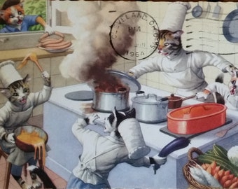 1964 vintage CAT CHEF CHAOS Postcard, Alfred Mainzer, of kitten sous chefs cooking in a kitchen. Number 4908