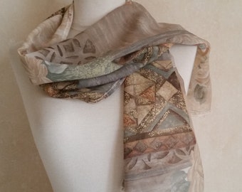 Vintage FRENCH BOHO SCARF of dreamy flowers and geometric pattern in muted teal and cream earth tone colours.