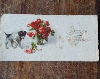 1920s French Gift Tag, Bonne Fete, happy birthday, celebration or name day with cute puppy, red roses and embossed Art Deco lettering.