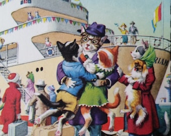 1950s vintage CRUISE LINER CATS Postcard, Alfred Mainzer, with families saying goodbye, rushed departure, dogs as pets. Number 4935.