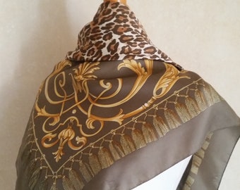 Vintage LEOPARD FRENCH SCARF with gold fleur de lys decoration for an elegant design in luxurious satin. Perfect wild cat lover gift.