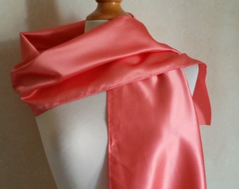 Vintage FUN FRENCH SCARF in rich bright salmon pink satin. Dress up for an elegant evening out.