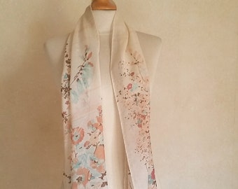 1960s FRENCH FLORAL SCARF by Gim Renoir, Classic old fashioned Cottage Core style in muted earth tones of aqua, burnt orange and gold.