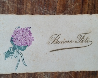 Vintage French Posy Gift Card, Bonne Fete, happy birthday, celebration or name day with little lavender flowers and embossed lettering.