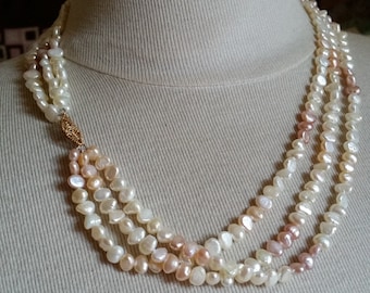 Vintage Baroque Pearl Necklace with 14K gold clasp, pink peach and cream hues. Beautiful quality multi strand choker. 30th Anniversary gift.