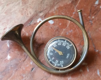 Vintage FRENCH HUNTING HORN Thermometer in brass with Celsius measurement for indoors or outdoors. Old bugle style from France.