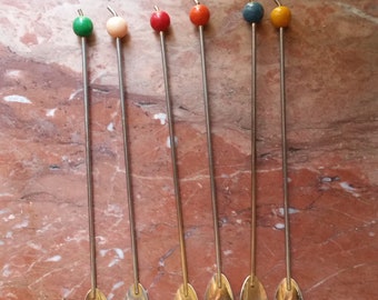 Vintage FRENCH COCKTAIL SPOONS, with colorful apple on top and long gold handle. Perfect for Irish coffee or other tall drinks.