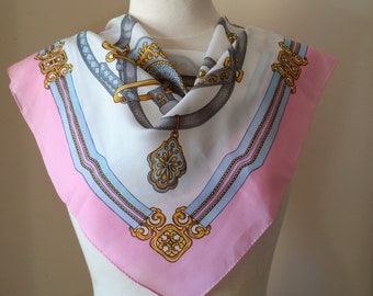 French PASTEL EQUESTRIAN SCARF of harnesses, bridles and golden rosettes. A classic vintage fashion accessory from France.