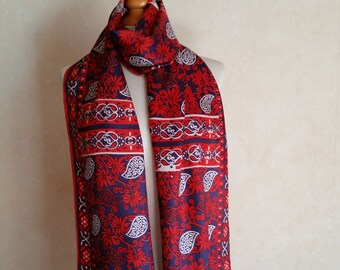 1960s Boho French Vintage Scarf of flowers and abstract leaves on silk feel acetate in red white and blue.