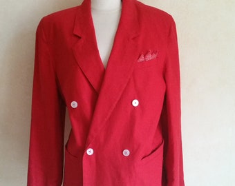 Vintage 1980s FRENCH FASHION BLAZER in lipstick red color with white polka dot lining and pocket scarf, double breasted.
