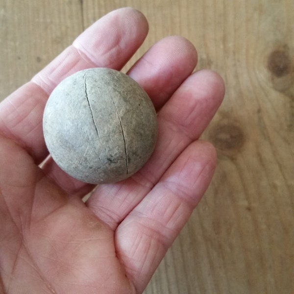 Vintage FRENCH WOOD MARBLE, Petanque Jack, archeological dig find of hand tooled game ball.