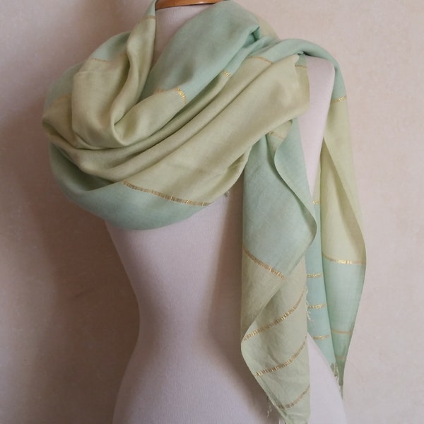 Vintage BOHO FRINGED SCARF with gold accent stripes on gorgeous soft shades of green in varying tones.