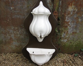 French Ceramic Lavabo on wood, vintage garden decoration white porcelain water font. Wall mounted planter or bird bath.