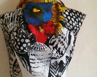 Vintage EXOTIC TOURIST SCARF of seashells and bright beautiful hibiscus flowers surrounding traditional village women, by Patricia of Paris.