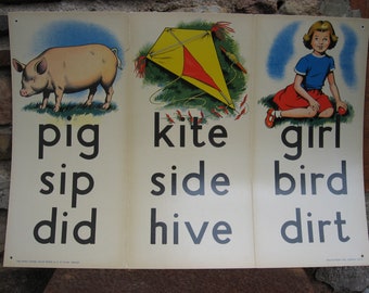 1960s CHILDREN'S ROOM POSTER. Fun country style educational wall hanging of retro artwork and words.