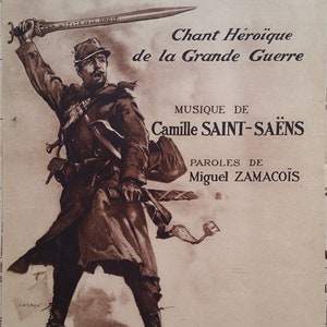 1915 WWI FRENCH MUSIC Spartito 'La Francaise', una canzone eroica della grande guerra. Antico materiale cartaceo effimero con disegno a carboncino.