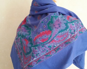 Vintage Bandana Style Scarf of pretty flowers in red and purple. Summer cotton headscarf or shoulder shawl.