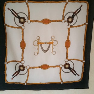 Vintage FRENCH EQUESTRIAN SCARF of rosettes and harness straps all in elegant earth tones. A sustainable accessory for casual or evening out