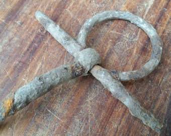 French antique HORSE TETHERING RING, blacksmith made with wall or post spike, from our stone Horse Barn Restoration.