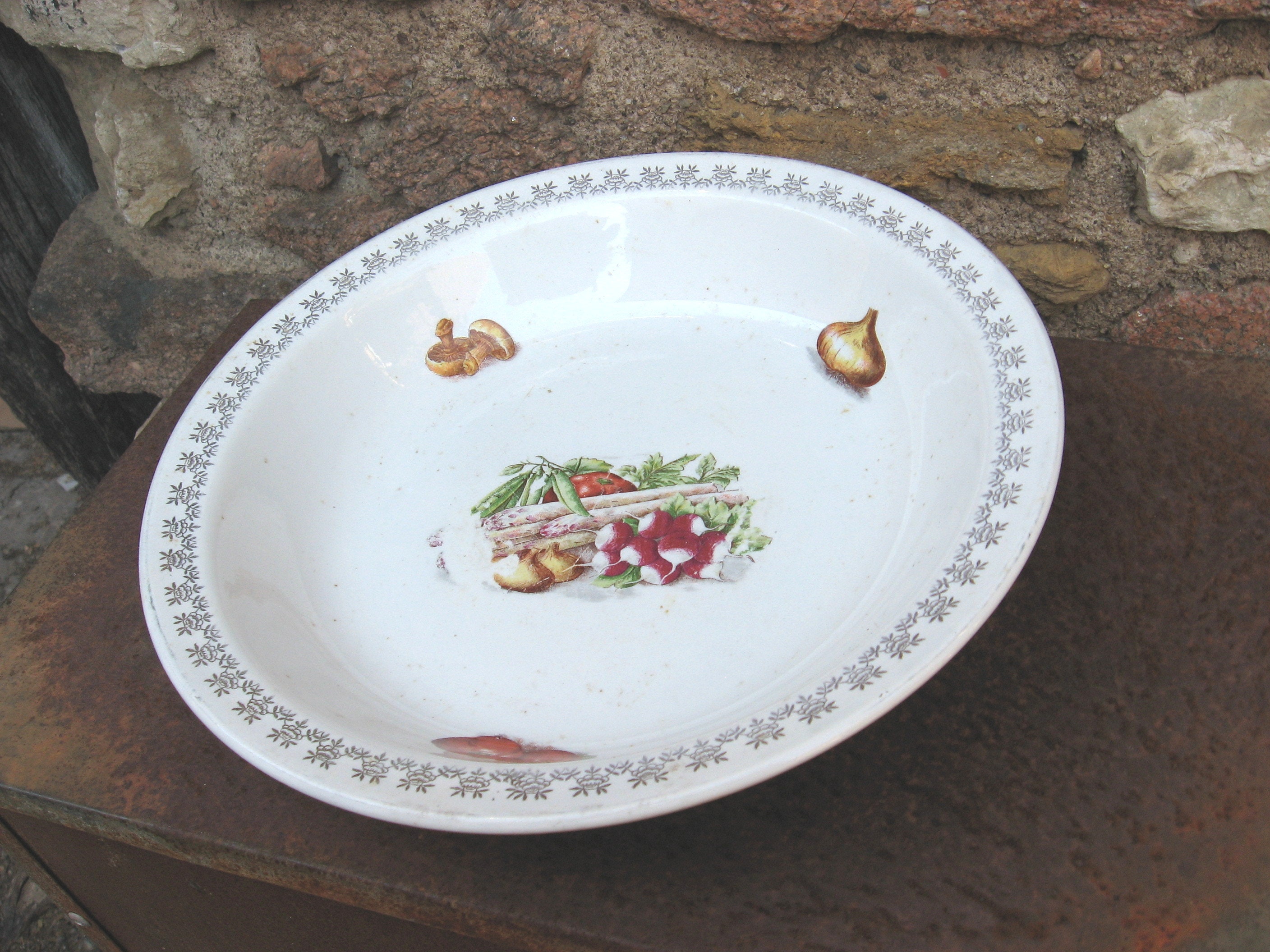 Bol de Service Français Antique Par Digoin Sarreguemines avec Motif Végétal. Grand Français Cuisine 