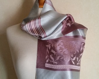 1950s MID CENTURY VINTAGE French Scarf in elegant floral design of mauve and pale as ice blue with muted stripes.