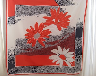 Vintage DAISY FLOWER SCARF by Castellani, Paris designer. Large bold red white and blue floral statement neckerchief.