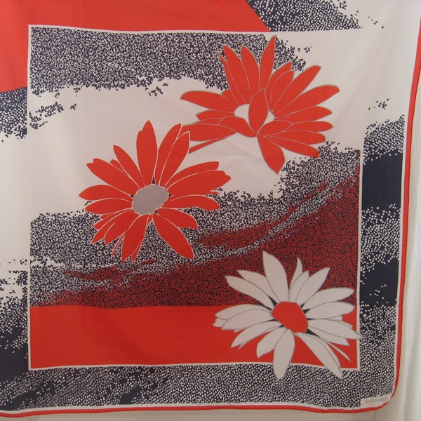 Vintage DAISY FLOWER SCARF by Castellani, Paris designer. Large bold red white and blue floral statement neckerchief.