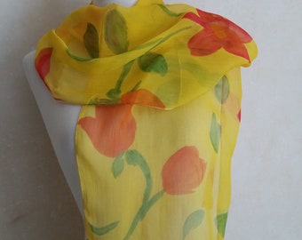 Vintage TULIP FLOWER SCARF on sunshine yellow chiffon. A lovely long French accessory of spring and summer flowers.