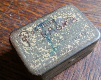 Antique FRENCH RHUMATISM PASTILLES tiny tin Box. Old pharmaceutical medicine pill container, pocket sized.